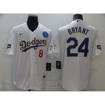 Men's Los Angeles Dodgers Front #8 Back #24 Kobe Bryant With KB Patch White Gold Championship Cool Base Stitched Jersey Men's Los Angeles Dodgers Front #8 Back #24 Kobe Bryant With KB Patch White Gold Championship Cool Base Stitched Jersey