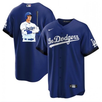 Men's Los Angeles Dodgers #17 Shohei Ohtani Blue Big Logo City Connect Cool Base Stitched Jersey Men's Los Angeles Dodgers #17 Shohei Ohtani Blue Big Logo City Connect Cool Base Stitched Jersey