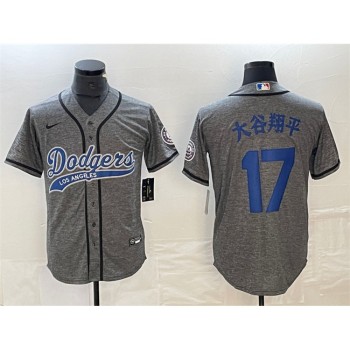 Men's Los Angeles Dodgers #17 Shohei Ohtani Grey Cool Base With Patch Stitched Baseball Jersey Men's Los Angeles Dodgers #17 Shohei Ohtani Grey Cool Base With Patch Stitched Baseball Jersey