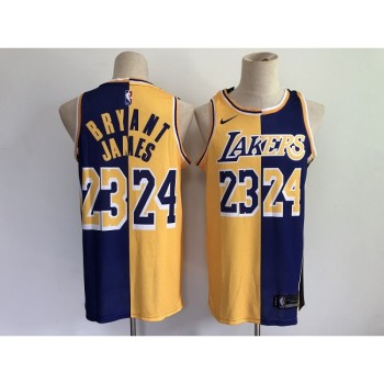 Men's Los Angeles Lakers #23 LeBron James #24 Kobe Brant Purple Gold Split Special Stitched NBA Jersey Men's Los Angeles Lakers #23 LeBron James #24 Kobe Brant Purple Gold Split Special Stitched NBA Jersey