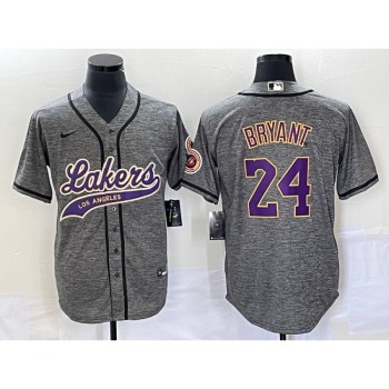 Men's Los Angeles Lakers #24 Kobe Bryant Gray Cool Base With Patch Stitched Baseball Jersey Men's Los Angeles Lakers #24 Kobe Bryant Gray Cool Base With Patch Stitched Baseball Jersey