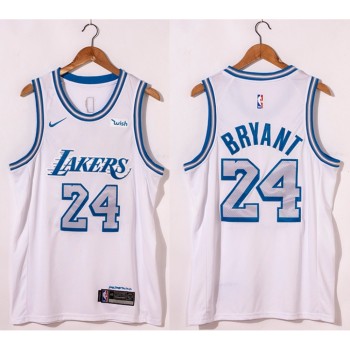Men's Los Angeles Lakers #24 Kobe Bryant White City Edition New Blue Silver Logo 2020-21 Stitched Jersey Men's Los Angeles Lakers #24 Kobe Bryant White City Edition New Blue Silver Logo 2020-21 Stitched Jersey