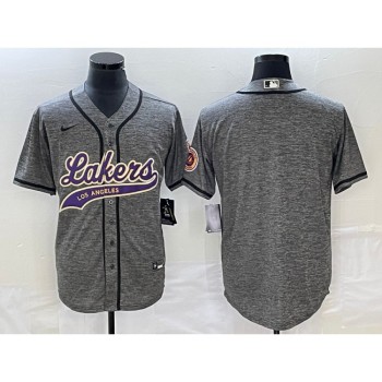 Men's Los Angeles Lakers Blank Gray Cool Base With Patch Stitched Baseball Jersey Men's Los Angeles Lakers Blank Gray Cool Base With Patch Stitched Baseball Jersey