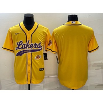 Men's Los Angeles Lakers Blank Yellow With Patch Cool Base Stitched Baseball Jersey Men's Los Angeles Lakers Blank Yellow With Patch Cool Base Stitched Baseball Jersey