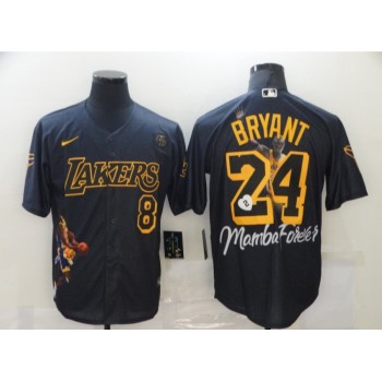 Men's Los Angeles Lakers Front #8 Back #24 Kobe Bryant Black With KB Patch Cool Base Stitched Jersey Men's Los Angeles Lakers Front #8 Back #24 Kobe Bryant Black With KB Patch Cool Base Stitched Jersey