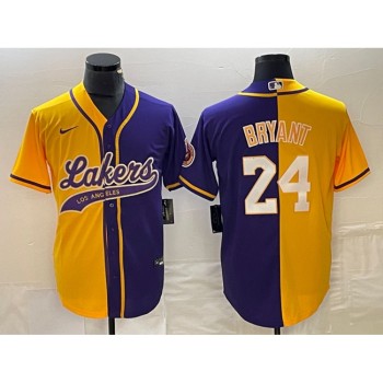 Men's Los Angeles Lakers Front #8 Back #24 Kobe Bryant Gold/Purple Split Cool Base Stitched Baseball Jersey Men's Los Angeles Lakers Front #8 Back #24 Kobe Bryant Gold/Purple Split Cool Base Stitched Baseball Jersey