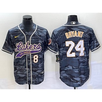 Men's Los Angeles Lakers Front #8 Back #24 Kobe Bryant Gray Camo Cool Base With Patch Stitched Baseball Jersey Men's Los Angeles Lakers Front #8 Back #24 Kobe Bryant Gray Camo Cool Base With Patch Stitched Baseball Jersey
