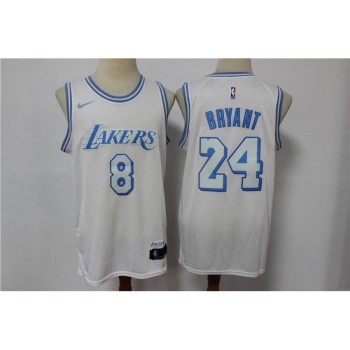 Men's Los Angeles Lakers Front #8 Back #24 Kobe Bryant White City Edition New Blue Silver Logo 2020-21 Stitched Jersey Men's Los Angeles Lakers Front #8 Back #24 Kobe Bryant White City Edition New Blue Silver Logo 2020-21 Stitched Jersey