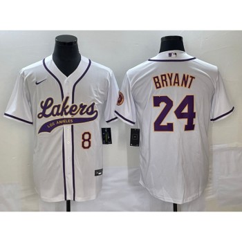 Men's Los Angeles Lakers Front #8 Back #24 Kobe Bryant White Cool Base Stitched Baseball Jersey Men's Los Angeles Lakers Front #8 Back #24 Kobe Bryant White Cool Base Stitched Baseball Jersey