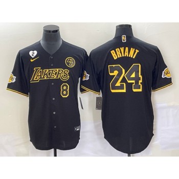 Men's Los Angeles Lakers Front #8 Back #24 Kobe Bryant With NO.2 And KB Patch Black Cool Base Stitched Baseball Jersey Men's Los Angeles Lakers Front #8 Back #24 Kobe Bryant With NO.2 And KB Patch Black Cool Base Stitched Baseball Jersey