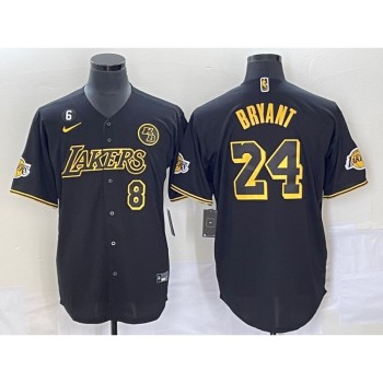 Men's Los Angeles Lakers Front #8 Back #24 Kobe Bryant With NO.6 And KB Patch Black Cool Base Stitched Baseball Jersey Men's Los Angeles Lakers Front #8 Back #24 Kobe Bryant With NO.6 And KB Patch Black Cool Base Stitched Baseball Jersey