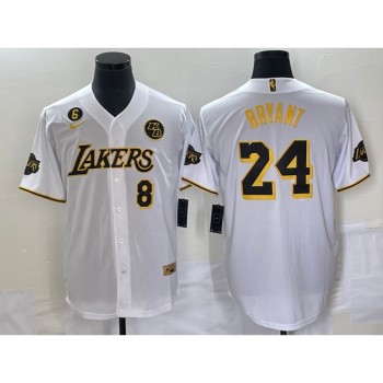 Men's Los Angeles Lakers Front #8 Back #24 Kobe Bryant With NO.6 And KB Patch White Cool Base Stitched Baseball Jersey Men's Los Angeles Lakers Front #8 Back #24 Kobe Bryant With NO.6 And KB Patch White Cool Base Stitched Baseball Jersey