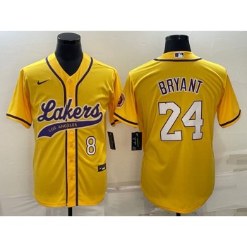 Men's Los Angeles Lakers Front #8 Back #24 Kobe Bryant Yellow Cool Base Stitched Baseball Jersey Men's Los Angeles Lakers Front #8 Back #24 Kobe Bryant Yellow Cool Base Stitched Baseball Jersey