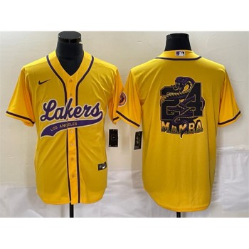 Men's Los Angeles Lakers Gold #24 Mamba Big Logo Cool Base Stitched Baseball Jersey Men's Los Angeles Lakers Gold #24 Mamba Big Logo Cool Base Stitched Baseball Jersey