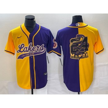 Men's Los Angeles Lakers Gold/Purple Split #24 Mamba Big Logo Cool Base Stitched Baseball Jersey Men's Los Angeles Lakers Gold/Purple Split #24 Mamba Big Logo Cool Base Stitched Baseball Jersey