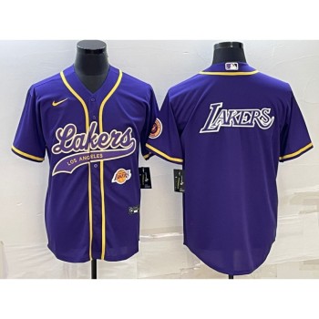Men's Los Angeles Lakers Purple Big Logo With Patch Cool Base Stitched Baseball Jersey Men's Los Angeles Lakers Purple Big Logo With Patch Cool Base Stitched Baseball Jersey