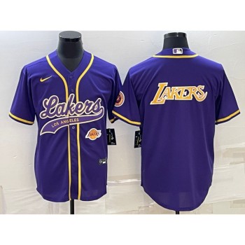 Men's Los Angeles Lakers Purple Big Logo With Patch Cool Base Stitched Baseball Jersey Men's Los Angeles Lakers Purple Big Logo With Patch Cool Base Stitched Baseball Jersey