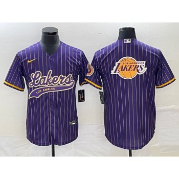Men's Los Angeles Lakers Team Big Logo Purple Cool Base With Patch Stitched Baseball Jersey Men's Los Angeles Lakers Team Big Logo Purple Cool Base With Patch Stitched Baseball Jersey