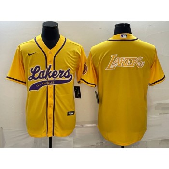 Men's Los Angeles Lakers Yellow Big Logo Cool Base Stitched Baseball Jersey Men's Los Angeles Lakers Yellow Big Logo Cool Base Stitched Baseball Jersey