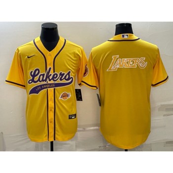 Men's Los Angeles Lakers Yellow Big Logo With Patch Cool Base Stitched Baseball Jersey Men's Los Angeles Lakers Yellow Big Logo With Patch Cool Base Stitched Baseball Jersey