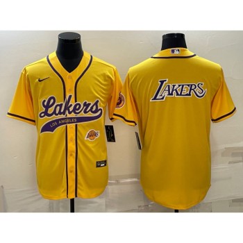 Men's Los Angeles Lakers Yellow Big Logo With Patch Cool Base Stitched Baseball Jersey Men's Los Angeles Lakers Yellow Big Logo With Patch Cool Base Stitched Baseball Jersey
