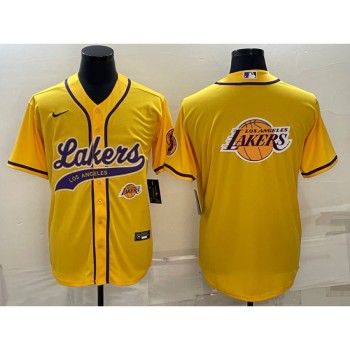Men's Los Angeles Lakers Yellow Team Big Logo With Patch Cool Base Stitched Baseball Jersey Men's Los Angeles Lakers Yellow Team Big Logo With Patch Cool Base Stitched Baseball Jersey