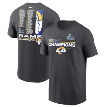 Men's Los Angeles Rams 2022 Anthracite Super Bowl LVI Champions Roster T-Shirt Men's Los Angeles Rams 2022 Anthracite Super Bowl LVI Champions Roster T-Shirt