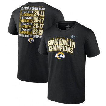 Men's Los Angeles Rams 2022 Black Super Bowl LVI Champions Schedule T-Shirt Men's Los Angeles Rams 2022 Black Super Bowl LVI Champions Schedule T-Shirt