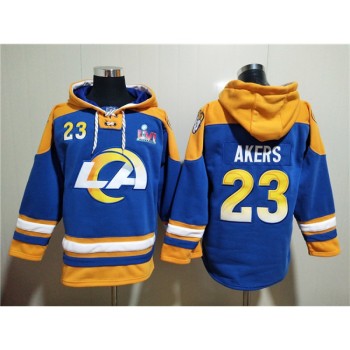 Men's Los Angeles Rams #23 Cam Akers 2022 Royal Super Bowl LVI Champions Pullover Hoodie Men's Los Angeles Rams #23 Cam Akers 2022 Royal Super Bowl LVI Champions Pullover Hoodie