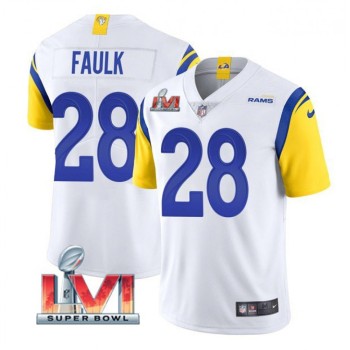 Men's Los Angeles Rams #28 Marshall Faulk 2022 White Super Bowl LVI Vapor Limited Stitched Jersey Men's Los Angeles Rams #28 Marshall Faulk 2022 White Super Bowl LVI Vapor Limited Stitched Jersey