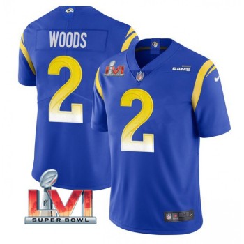 Men's Los Angeles Rams #2 Robert Woods 2022 Royal Super Bowl LVI Vapor Limited Stitched Jersey Men's Los Angeles Rams #2 Robert Woods 2022 Royal Super Bowl LVI Vapor Limited Stitched Jersey