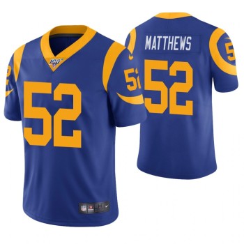 Men's Los Angeles Rams #52 Clay Matthews Blue 2019 100th Season Vapor Untouchable Limited Stitched NFL Jersey Men's Los Angeles Rams #52 Clay Matthews Blue 2019 100th Season Vapor Untouchable Limited Stitched NFL Jersey
