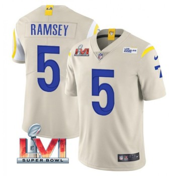 Men's Los Angeles Rams #5 Jalen Ramsey 2022 Bone Super Bowl LVI Vapor Limited Stitched Jersey Men's Los Angeles Rams #5 Jalen Ramsey 2022 Bone Super Bowl LVI Vapor Limited Stitched Jersey