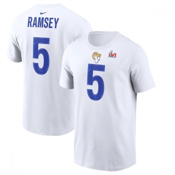 Men's Los Angeles Rams #5 Jalen Ramsey 2022 White Super Bowl LVI Champions T-Shirt Men's Los Angeles Rams #5 Jalen Ramsey 2022 White Super Bowl LVI Champions T-Shirt