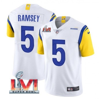 Men's Los Angeles Rams #5 Jalen Ramsey 2022 White Super Bowl LVI Vapor Limited Stitched Jersey Men's Los Angeles Rams #5 Jalen Ramsey 2022 White Super Bowl LVI Vapor Limited Stitched Jersey