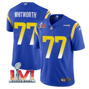 Men's Los Angeles Rams #77 Andrew Whitworth 2022 Royal Super Bowl LVI Vapor Limited Stitched Jersey Men's Los Angeles Rams #77 Andrew Whitworth 2022 Royal Super Bowl LVI Vapor Limited Stitched Jersey
