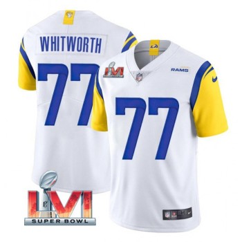 Men's Los Angeles Rams #77 Andrew Whitworth 2022 White Super Bowl LVI Vapor Limited Stitched Jersey Men's Los Angeles Rams #77 Andrew Whitworth 2022 White Super Bowl LVI Vapor Limited Stitched Jersey