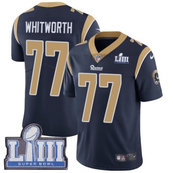 Men's Los Angeles Rams #77 Andrew Whitworth Navy Blue Super Bowl LIII Vapor Untouchable Limited Stitched NFL Jersey Men's Los Angeles Rams #77 Andrew Whitworth Navy Blue Super Bowl LIII Vapor Untouchable Limited Stitched NFL Jersey