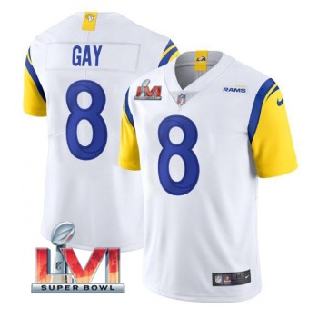 Men's Los Angeles Rams #8 Matt Gay 2022 White Super Bowl LVI Vapor Limited Stitched Jersey Men's Los Angeles Rams #8 Matt Gay 2022 White Super Bowl LVI Vapor Limited Stitched Jersey