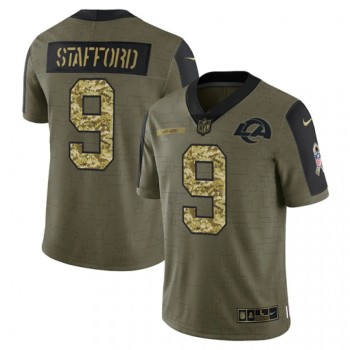 Men's Los Angeles Rams #9 Matthew Stafford 2021 Olive Camo Salute To Service Limited Stitched Jersey Men's Los Angeles Rams #9 Matthew Stafford 2021 Olive Camo Salute To Service Limited Stitched Jersey