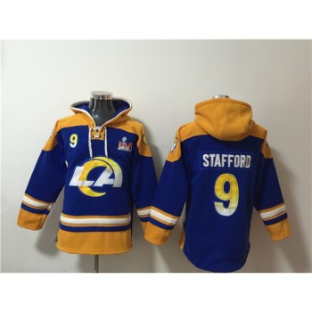 Men's Los Angeles Rams #9 Matthew Stafford 2022 Royal Super Bowl LVI Champions Pullover Hoodie Men's Los Angeles Rams #9 Matthew Stafford 2022 Royal Super Bowl LVI Champions Pullover Hoodie