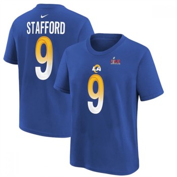 Men's Los Angeles Rams #9 Matthew Stafford 2022 Royal Super Bowl LVI Champions T-Shirt Men's Los Angeles Rams #9 Matthew Stafford 2022 Royal Super Bowl LVI Champions T-Shirt