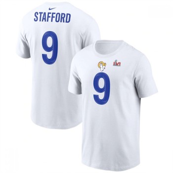 Men's Los Angeles Rams #9 Matthew Stafford 2022 White Super Bowl LVI Champions T-Shirt Men's Los Angeles Rams #9 Matthew Stafford 2022 White Super Bowl LVI Champions T-Shirt