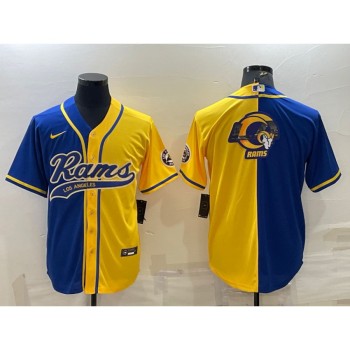 Men's Los Angeles Rams Royal/Yellow Split Team Big Logo With Patch Cool Base Stitched Baseball Jersey Men's Los Angeles Rams Royal/Yellow Split Team Big Logo With Patch Cool Base Stitched Baseball Jersey