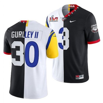 Men's Los Angeles Rams X Georgia Bulldogs #30 Todd Gurley II Black/White Split Super Bowl LVI Stitched Jersey Men's Los Angeles Rams X Georgia Bulldogs #30 Todd Gurley II Black/White Split Super Bowl LVI Stitched Jersey