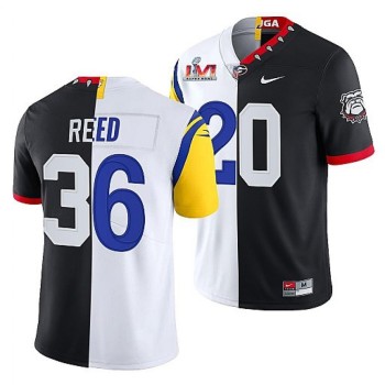 Men's Los Angeles Rams X Georgia Bulldogs #36 J.R. Reed Black/White Split Super Bowl LVI Stitched Jersey Men's Los Angeles Rams X Georgia Bulldogs #36 J.R. Reed Black/White Split Super Bowl LVI Stitched Jersey