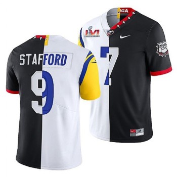 Men's Los Angeles Rams X Georgia Bulldogs #9 Matthew Stafford Black/White Split Super Bowl LVI Stitched Jersey Men's Los Angeles Rams X Georgia Bulldogs #9 Matthew Stafford Black/White Split Super Bowl LVI Stitched Jersey