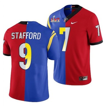 Men's Los Angeles Rams X Georgia Bulldogs #9 Matthew Stafford Red/Royal Split Super Bowl LVI Stitched Jersey Men's Los Angeles Rams X Georgia Bulldogs #9 Matthew Stafford Red/Royal Split Super Bowl LVI Stitched Jersey