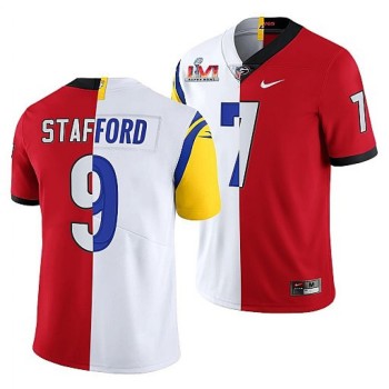 Men's Los Angeles Rams X Georgia Bulldogs #9 Matthew Stafford Red/White Split Super Bowl LVI Stitched Jersey Men's Los Angeles Rams X Georgia Bulldogs #9 Matthew Stafford Red/White Split Super Bowl LVI Stitched Jersey