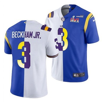 Men's Los Angeles Rams X LSU Tigers #3 Odell Beckham Jr. White/Royal Split Super Bowl LVI Stitched Jersey Men's Los Angeles Rams X LSU Tigers #3 Odell Beckham Jr. White/Royal Split Super Bowl LVI Stitched Jersey